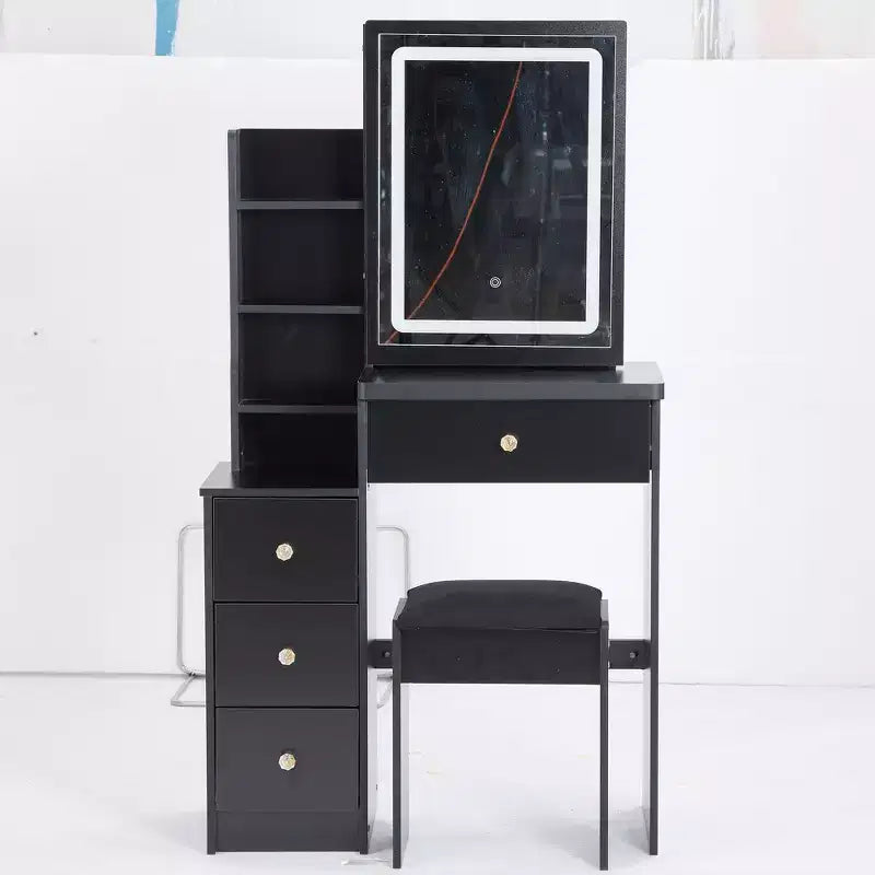 Okak Vanity Table and Chair Set, 29.2 Small Size Left Bedside Cabinet Vanity Table with Large Touch Control Sliding LED Mirror, Black