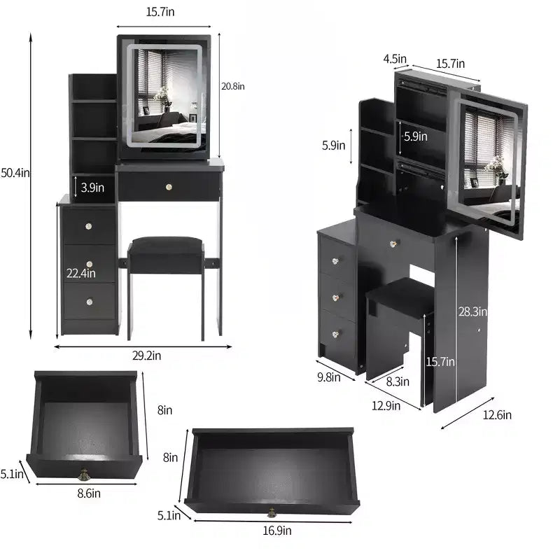 Okak Coiffeuse et chaise, petite coiffeuse de 74,2 cm pour table de chevet gauche avec grand miroir LED coulissant à commande tactile, noir