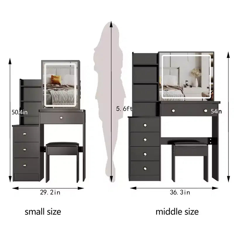 Okak Coiffeuse et chaise, petite coiffeuse de 74,2 cm pour table de chevet gauche avec grand miroir LED coulissant à commande tactile, noir