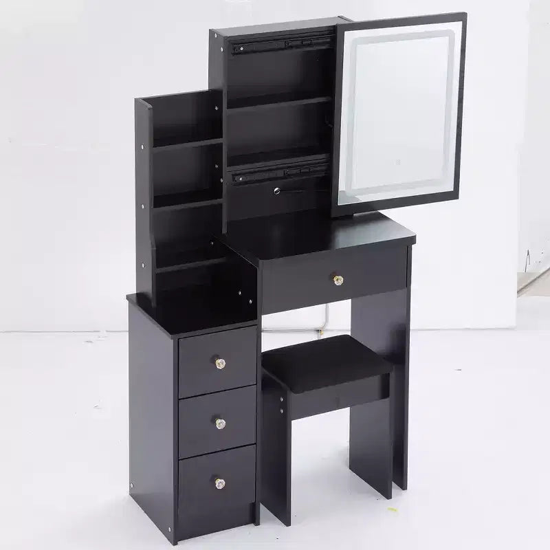 Okak Coiffeuse et chaise, petite coiffeuse de 74,2 cm pour table de chevet gauche avec grand miroir LED coulissant à commande tactile, noir