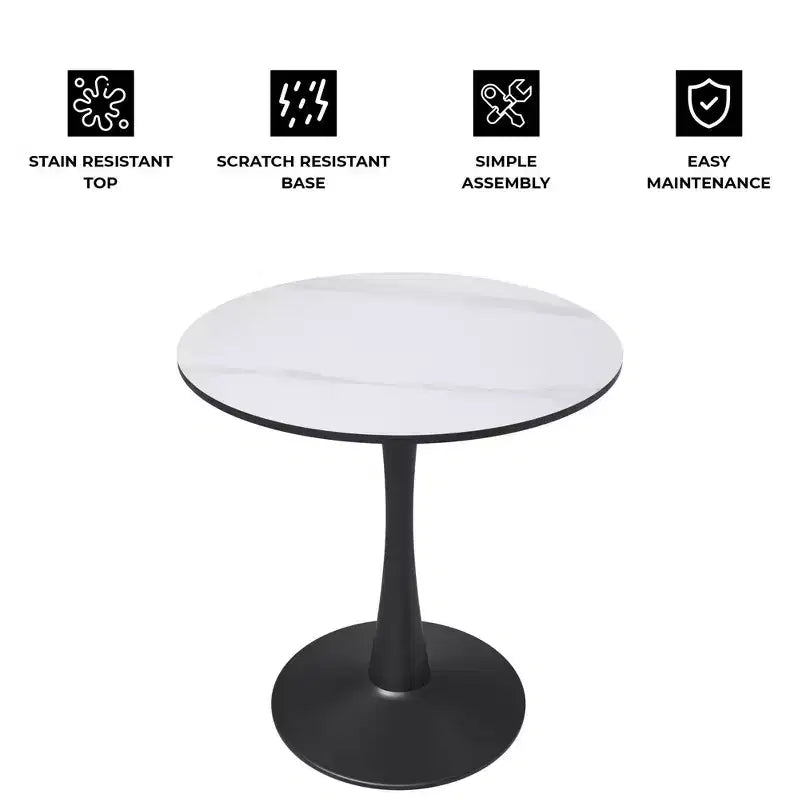 Table de salle à manger ronde LeisureMod Bristol 27, plateau en pierre frittée, piédestal en acier noir, table de café d'appoint pour cuisine et petits espaces