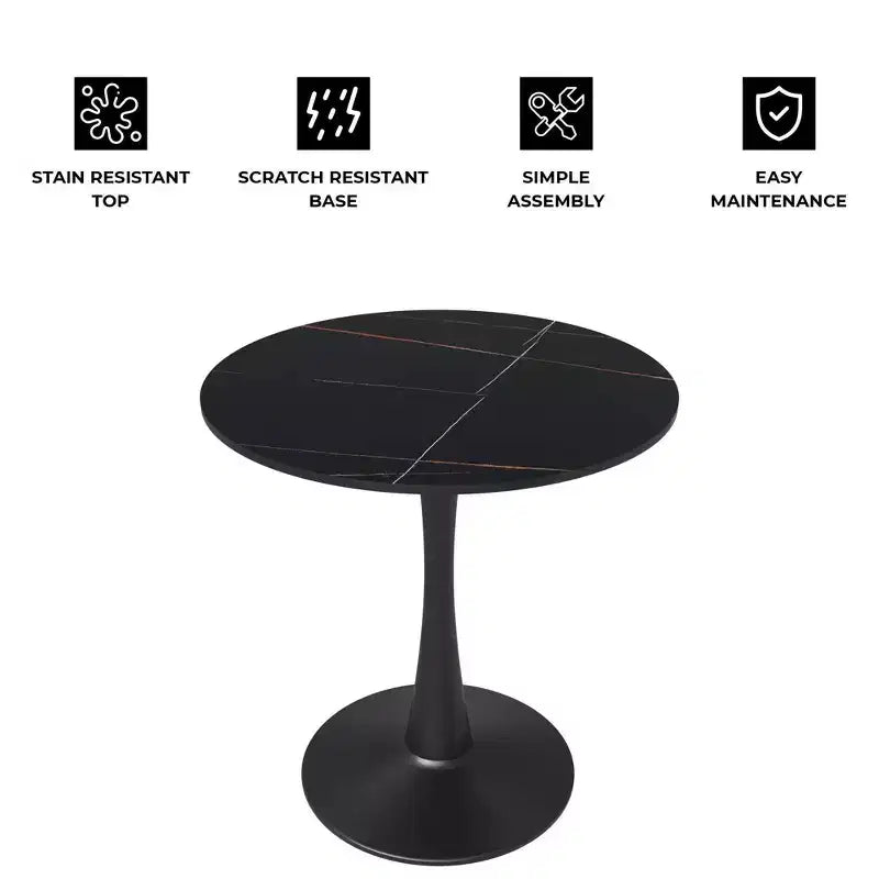 Table de salle à manger ronde LeisureMod Bristol 27, plateau en pierre frittée, piédestal en acier noir, table de café d'appoint pour cuisine et petits espaces