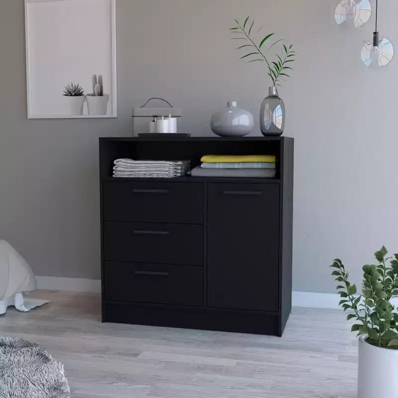 Okak 3-Drawer Dresser with 1 Door-Storage Cabinet&1 Shelf,Spacious Storage Dresser for Bedroom,Matte Black Finish Dresser,Metal Handle
