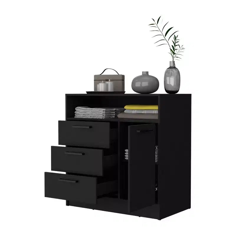 Commode Okak à 3 tiroirs avec 1 meuble de rangement à porte et 1 étagère, commode spacieuse pour chambre à coucher, finition noir mat, poignée en métal
