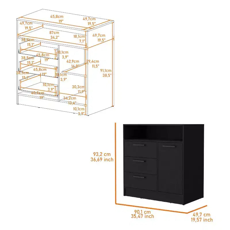 Commode Okak à 3 tiroirs avec 1 meuble de rangement à porte et 1 étagère, commode spacieuse pour chambre à coucher, finition noir mat, poignée en métal