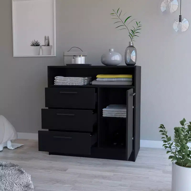 Commode Okak à 3 tiroirs avec 1 meuble de rangement à porte et 1 étagère, commode spacieuse pour chambre à coucher, finition noir mat, poignée en métal
