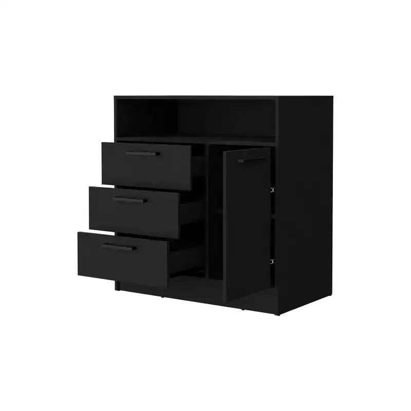 Commode Okak à 3 tiroirs avec 1 meuble de rangement à porte et 1 étagère, commode spacieuse pour chambre à coucher, finition noir mat, poignée en métal