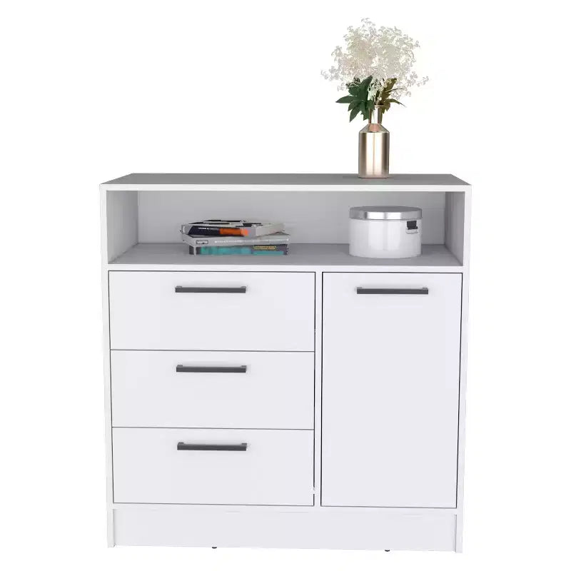 Commode à 3 tiroirs Okak avec 1 armoire de rangement à porte et 1 étagère, commode de rangement spacieuse pour salon, chambre à coucher, entrée, blanche