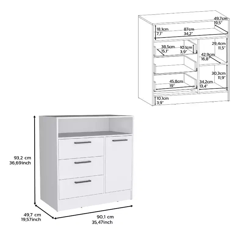Commode à 3 tiroirs Okak avec 1 armoire de rangement à porte et 1 étagère, commode de rangement spacieuse pour salon, chambre à coucher, entrée, blanche