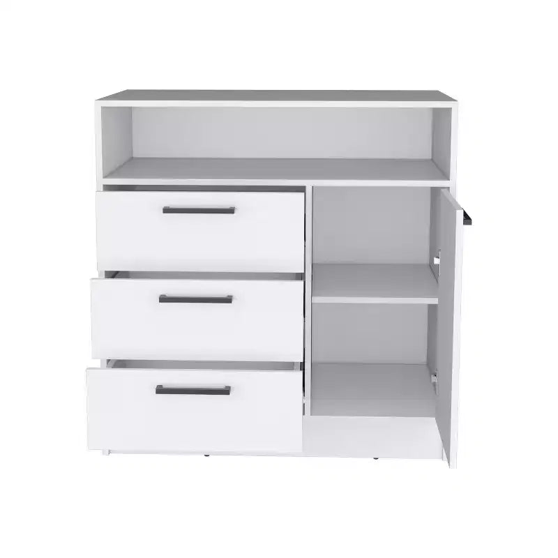 Commode à 3 tiroirs Okak avec 1 armoire de rangement à porte et 1 étagère, commode de rangement spacieuse pour salon, chambre à coucher, entrée, blanche