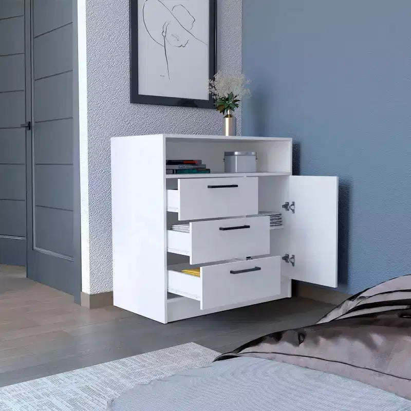 Commode à 3 tiroirs Okak avec 1 armoire de rangement à porte et 1 étagère, commode de rangement spacieuse pour salon, chambre à coucher, entrée, blanche