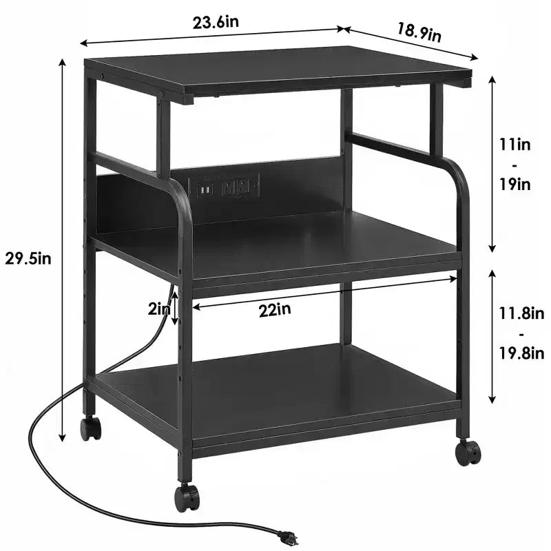 Meuble d'appoint pour imprimante VECELO, Chariot roulant à 3 niveaux avec étagères réglables sur 5 niveaux et roulettes verrouillables, Noir
