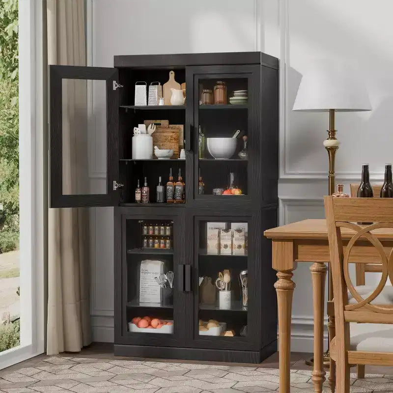 Vitrine contemporaine en bois noir - Meuble de rangement à 6 étagères avec quatre portes vitrées