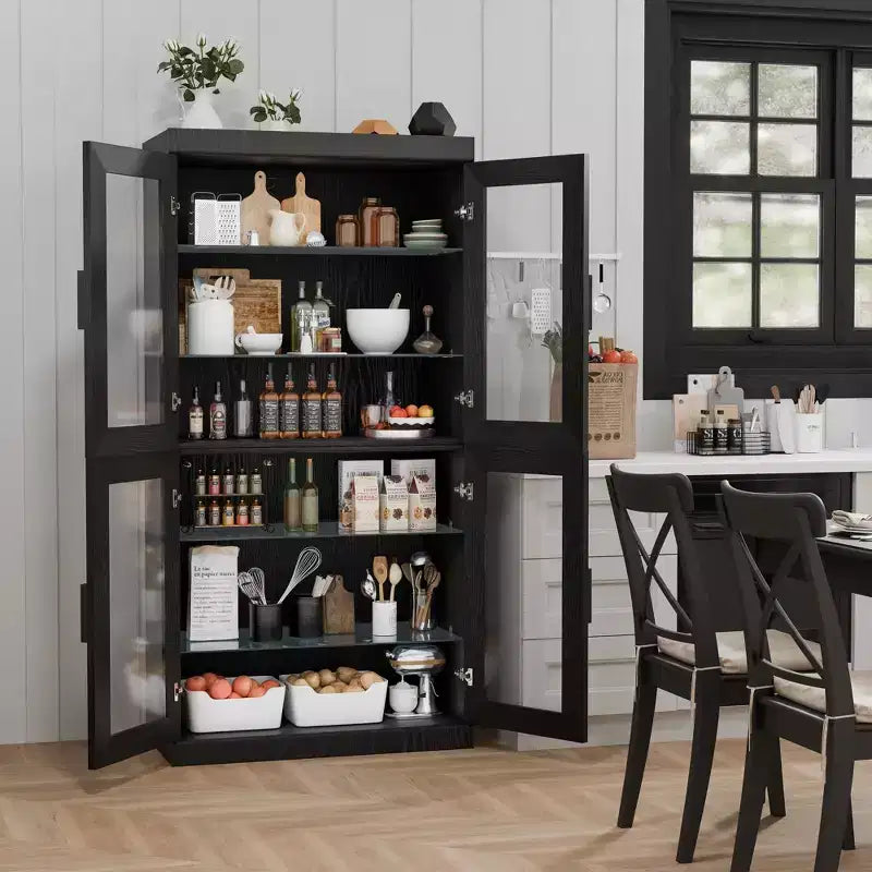 Vitrine contemporaine en bois noir - Meuble de rangement à 6 étagères avec quatre portes vitrées