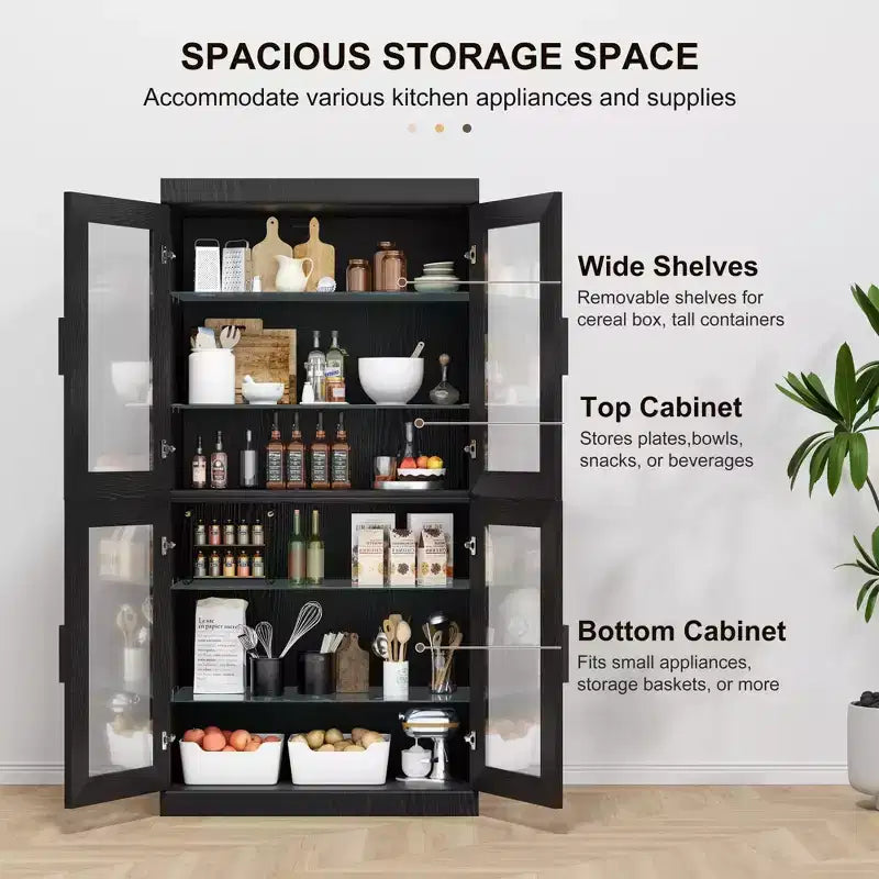 Vitrine contemporaine en bois noir - Meuble de rangement à 6 étagères avec quatre portes vitrées