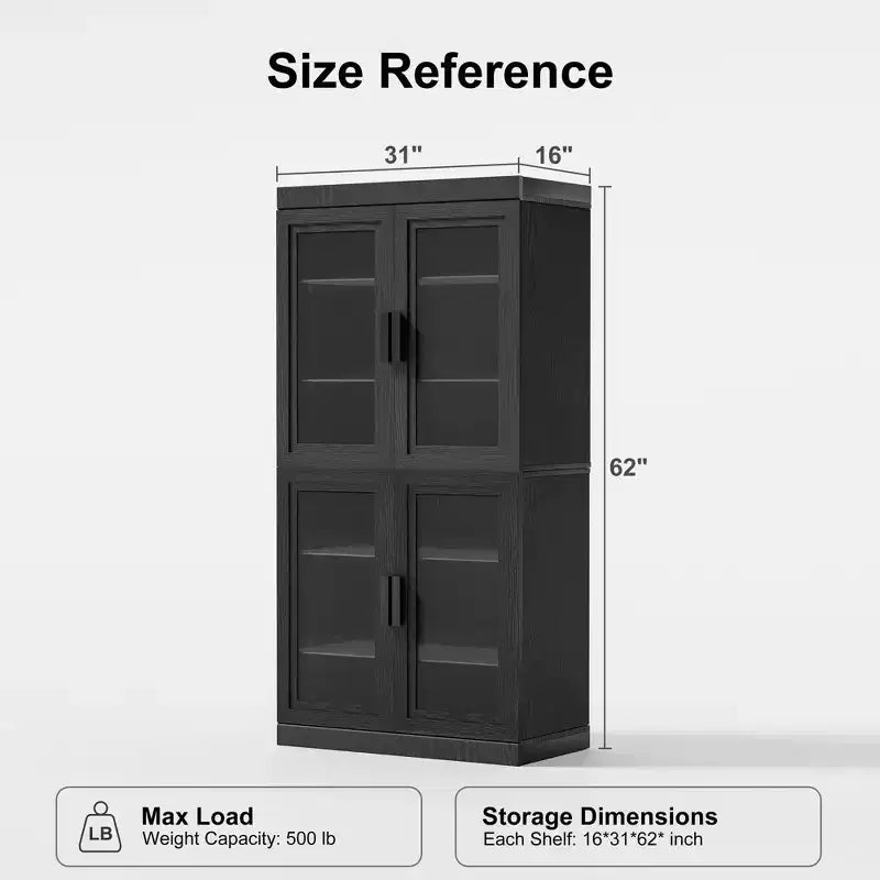 Vitrine contemporaine en bois noir - Meuble de rangement à 6 étagères avec quatre portes vitrées