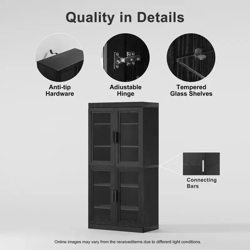 Vitrine contemporaine en bois noir - Meuble de rangement à 6 étagères avec quatre portes vitrées