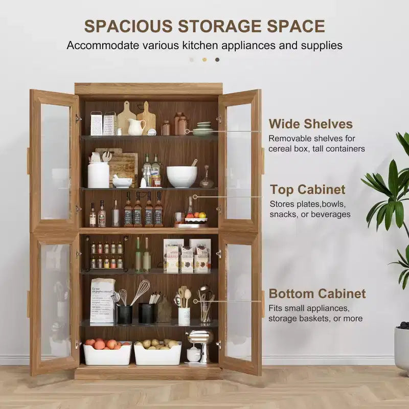 Vitrine contemporaine en bois noir - Meuble de rangement à 6 étagères avec quatre portes vitrées