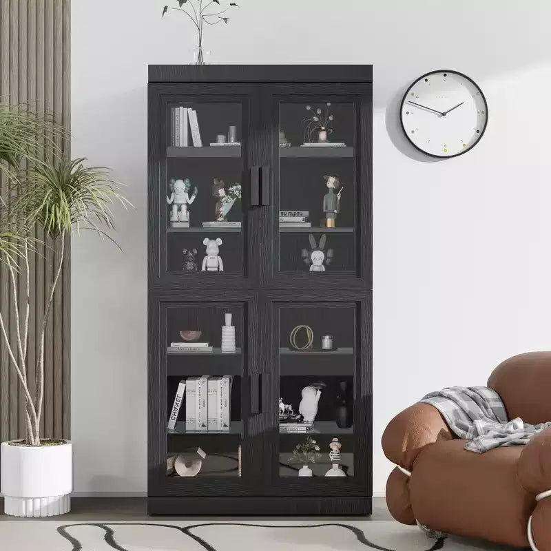 Contemporary Black Wooden Display Cabinet - 6 Shelf Organizer with Four Glass Doors