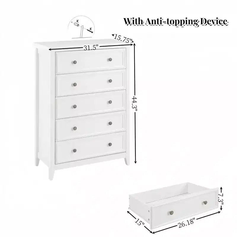 Commode à 5 tiroirs, armoire de rangement à 5 tiroirs, meuble de rangement pour vêtements pour organisateur de salon BLANC