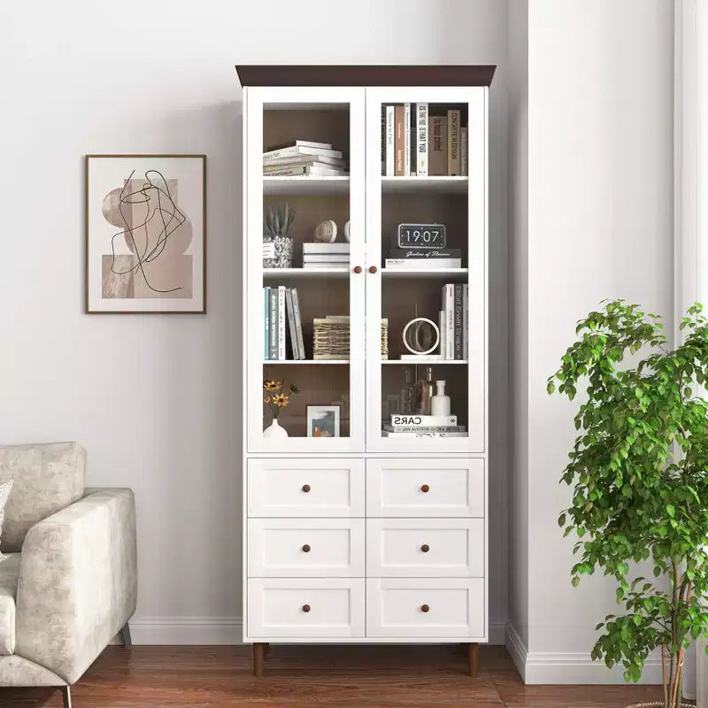 White MDF Display Storage Cabinet,Tall Kitchen Pantry Cabinets with Glass Doors and Adjustable Shelves