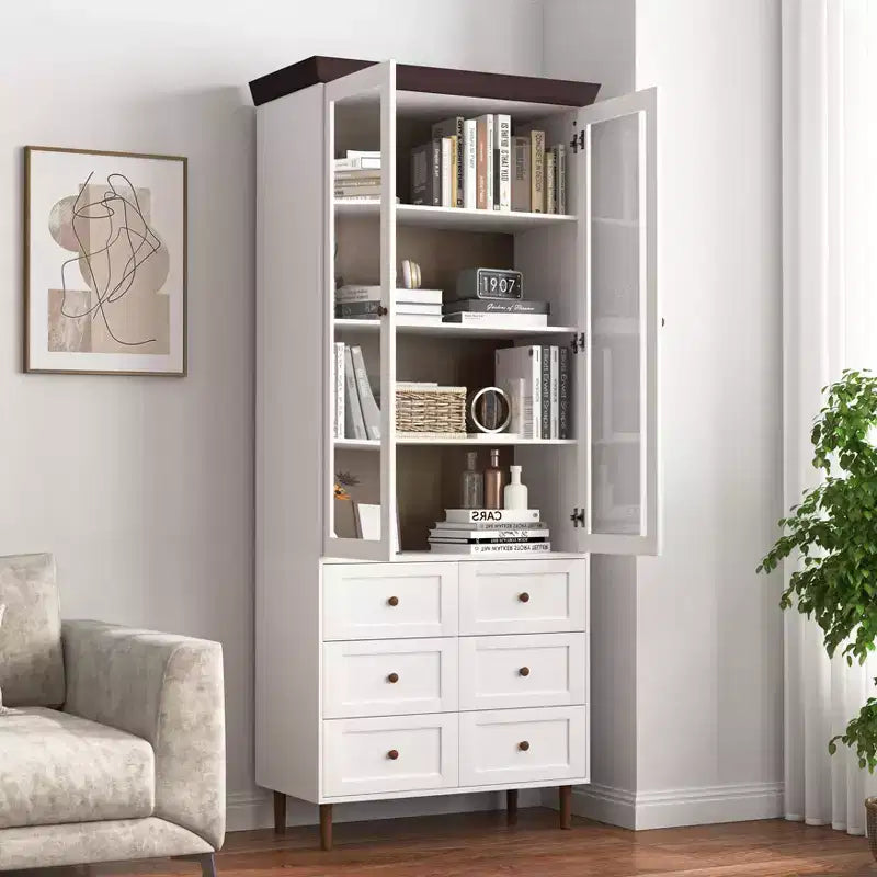 Meuble de rangement blanc en MDF, avec portes en verre et étagères réglables pour cuisine
