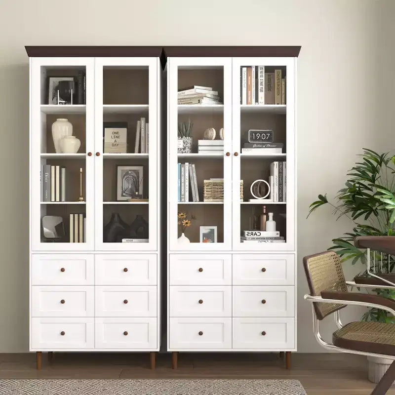 Meuble de rangement blanc en MDF, avec portes en verre et étagères réglables pour cuisine