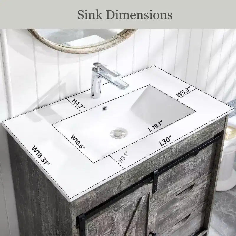 Meuble-lavabo SinCiDo avec évier, 76 cm de large, de style rustique, avec porte de grange coulissante, tiroirs et étagères réglables