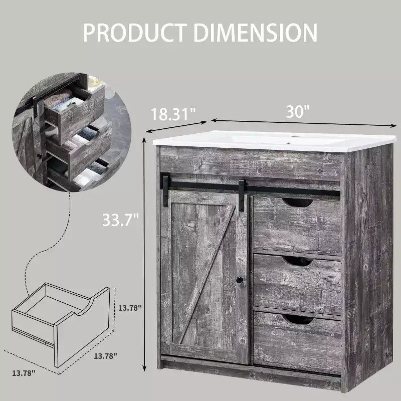 Meuble-lavabo SinCiDo avec évier, 76 cm de large, de style rustique, avec porte de grange coulissante, tiroirs et étagères réglables