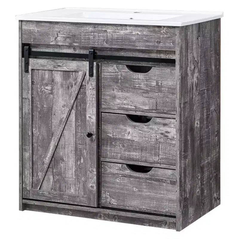 Meuble-lavabo SinCiDo avec évier, 76 cm de large, de style rustique, avec porte de grange coulissante, tiroirs et étagères réglables