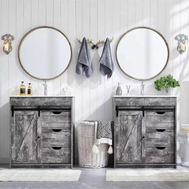 Meuble-lavabo SinCiDo avec évier, 76 cm de large, de style rustique, avec porte de grange coulissante, tiroirs et étagères réglables