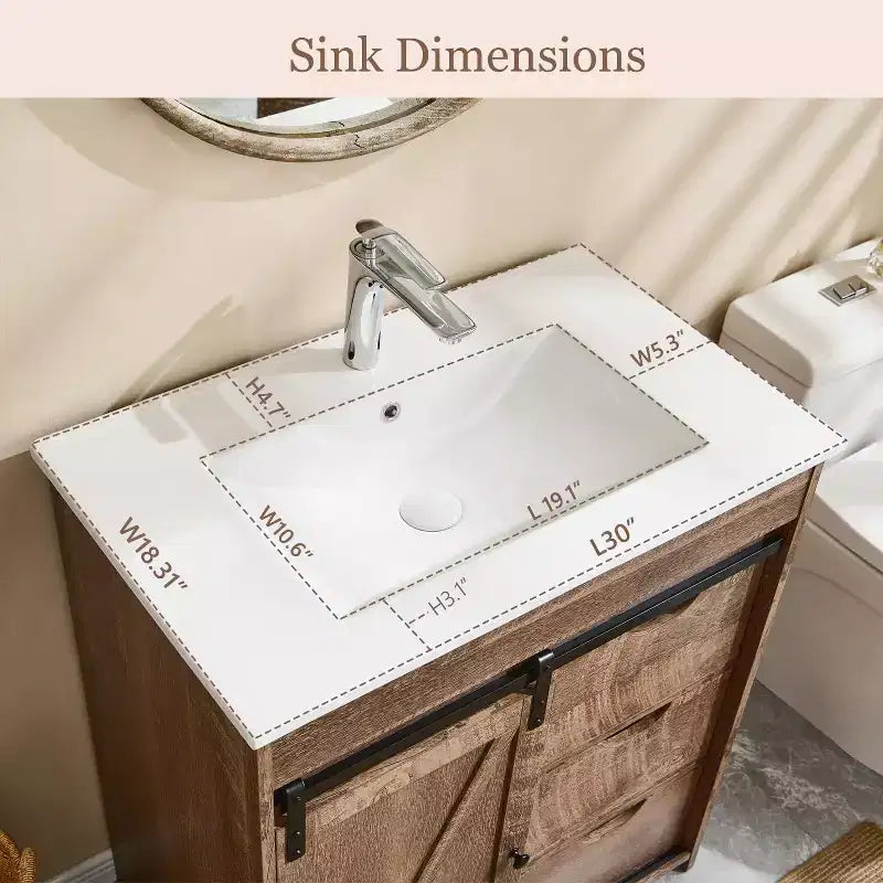 Meuble-lavabo SinCiDo avec évier, 76 cm de large, de style rustique, avec porte de grange coulissante, tiroirs et étagères réglables