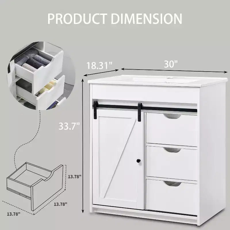 Meuble-lavabo SinCiDo avec évier, 76 cm de large, de style rustique, avec porte de grange coulissante, tiroirs et étagères réglables