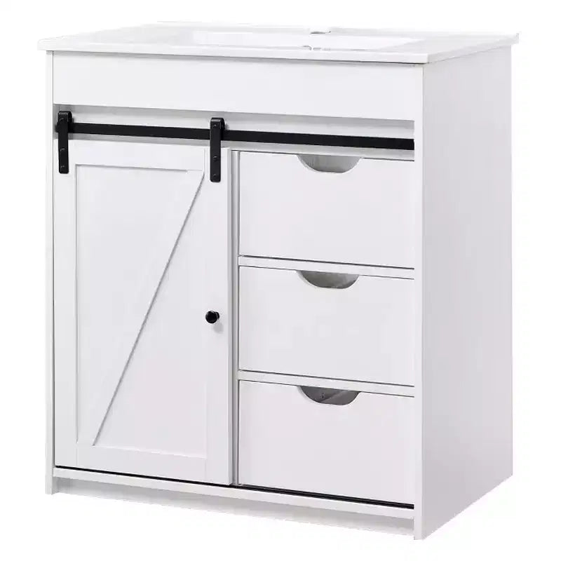 Meuble-lavabo SinCiDo avec évier, 76 cm de large, de style rustique, avec porte de grange coulissante, tiroirs et étagères réglables