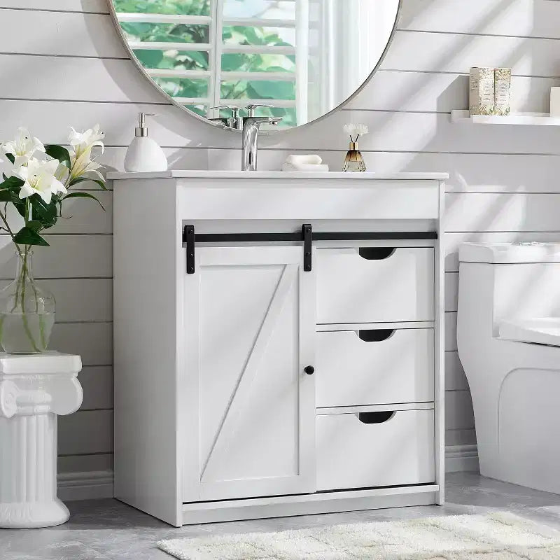 Meuble-lavabo SinCiDo avec évier, 76 cm de large, de style rustique, avec porte de grange coulissante, tiroirs et étagères réglables