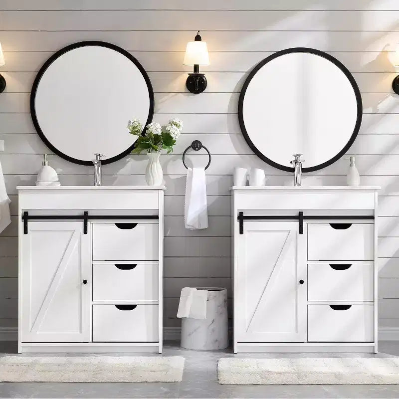 Meuble-lavabo SinCiDo avec évier, 76 cm de large, de style rustique, avec porte de grange coulissante, tiroirs et étagères réglables