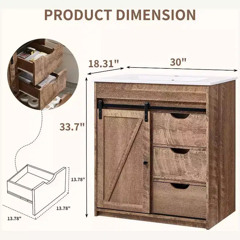 Meuble-lavabo SinCiDo avec évier, 76 cm de large, de style rustique, avec porte de grange coulissante, tiroirs et étagères réglables