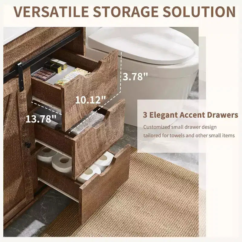 Meuble-lavabo SinCiDo avec évier, 76 cm de large, de style rustique, avec porte de grange coulissante, tiroirs et étagères réglables