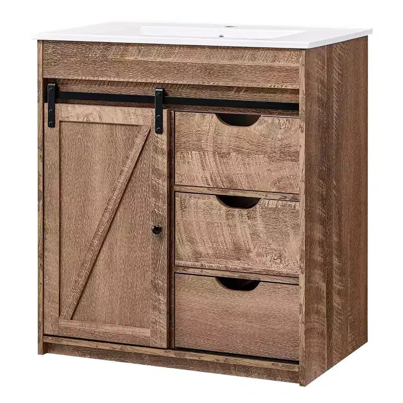Meuble-lavabo SinCiDo avec évier, 76 cm de large, de style rustique, avec porte de grange coulissante, tiroirs et étagères réglables