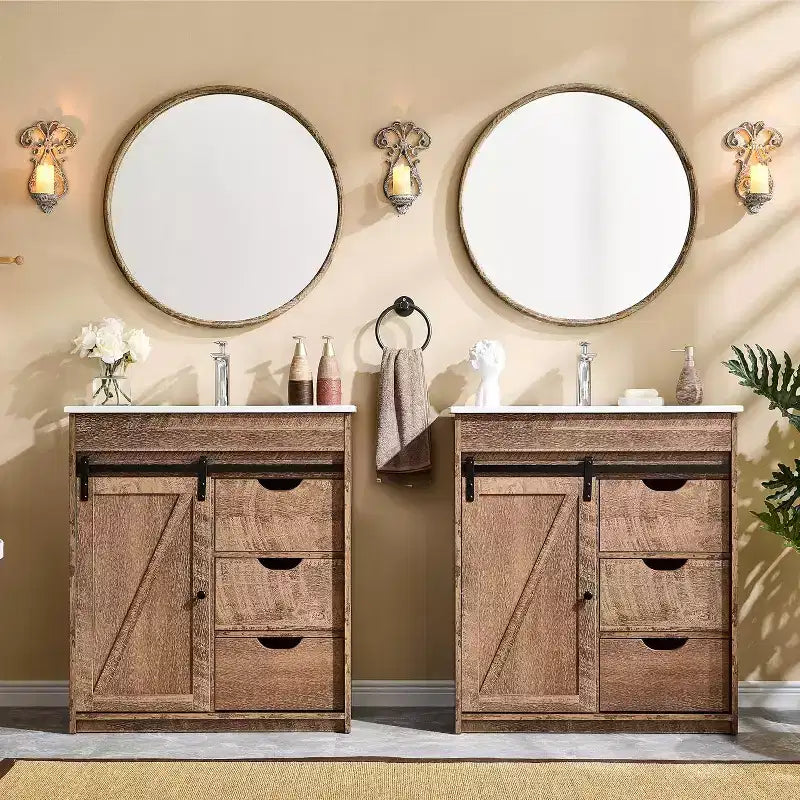 Meuble-lavabo SinCiDo avec évier, 76 cm de large, de style rustique, avec porte de grange coulissante, tiroirs et étagères réglables