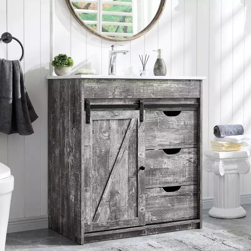 Meuble-lavabo SinCiDo avec évier, 76 cm de large, de style rustique, avec porte de grange coulissante, tiroirs et étagères réglables