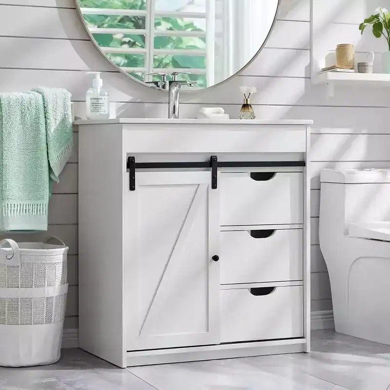Meuble-lavabo SinCiDo avec évier, 76 cm de large, de style rustique, avec porte de grange coulissante, tiroirs et étagères réglables