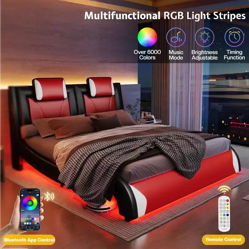 Cadre de lit LED AMERLIFE, lit plateforme rembourré en similicuir