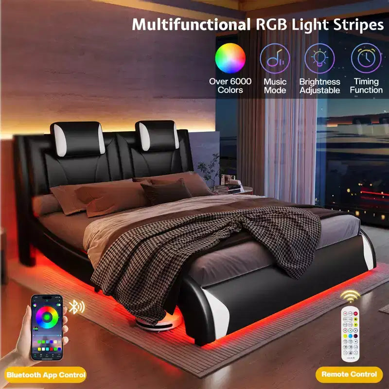 Cadre de lit LED AMERLIFE, lit plateforme rembourré en similicuir