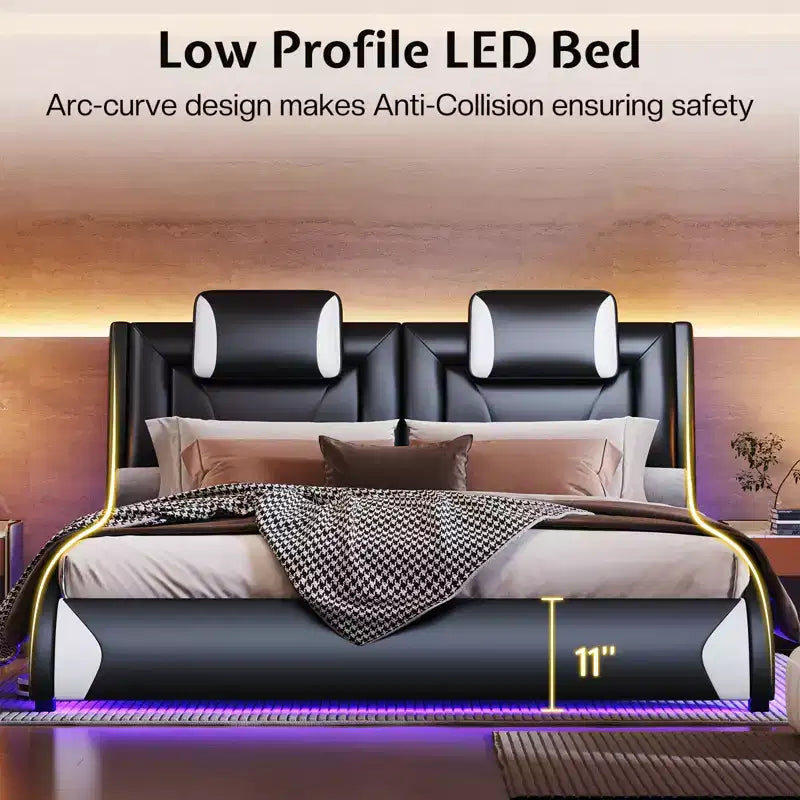 Cadre de lit LED AMERLIFE, lit plateforme rembourré en similicuir
