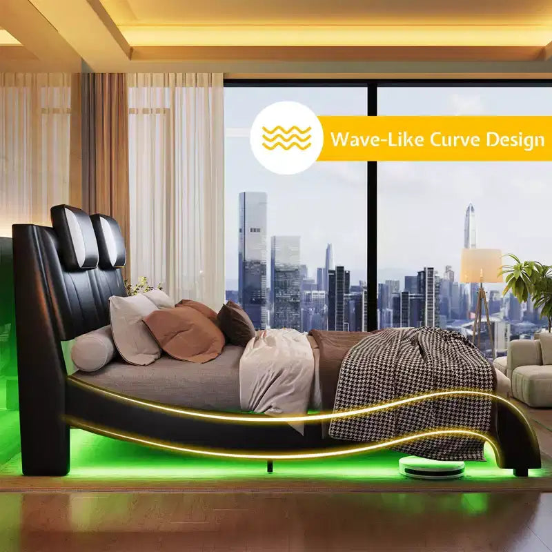 Cadre de lit LED AMERLIFE, lit plateforme rembourré en similicuir