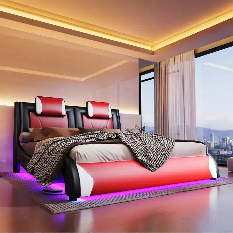 Cadre de lit LED AMERLIFE, lit plateforme rembourré en similicuir