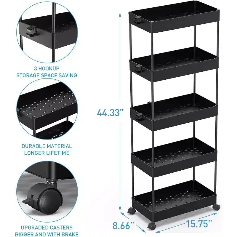 ACOINEL Chariot roulant à 5 niveaux, Chariot de rangement pour salle de bain, Unité d'étagères mobiles à tiroirs coulissants, Noir