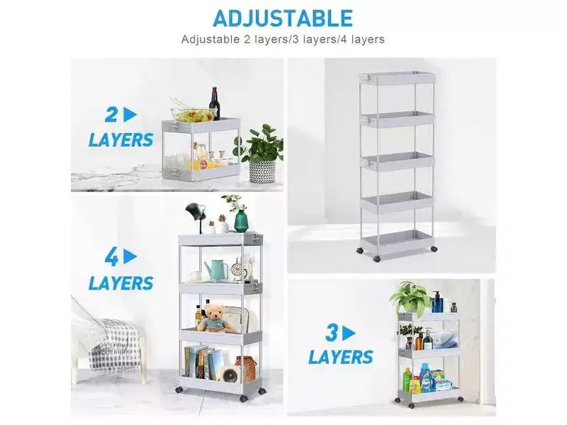 ACOINEL Chariot roulant à 5 niveaux, Chariot de rangement pour salle de bain, Unité d'étagères mobiles à tiroirs coulissants, Noir