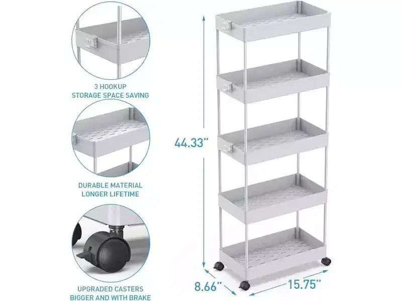 ACOINEL Chariot roulant à 5 niveaux, Chariot de rangement pour salle de bain, Unité d'étagères mobiles à tiroirs coulissants, Noir